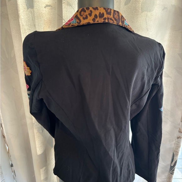Embroidered Black Jacket with Leopard Print and flower Accents - Picture 5 of 8